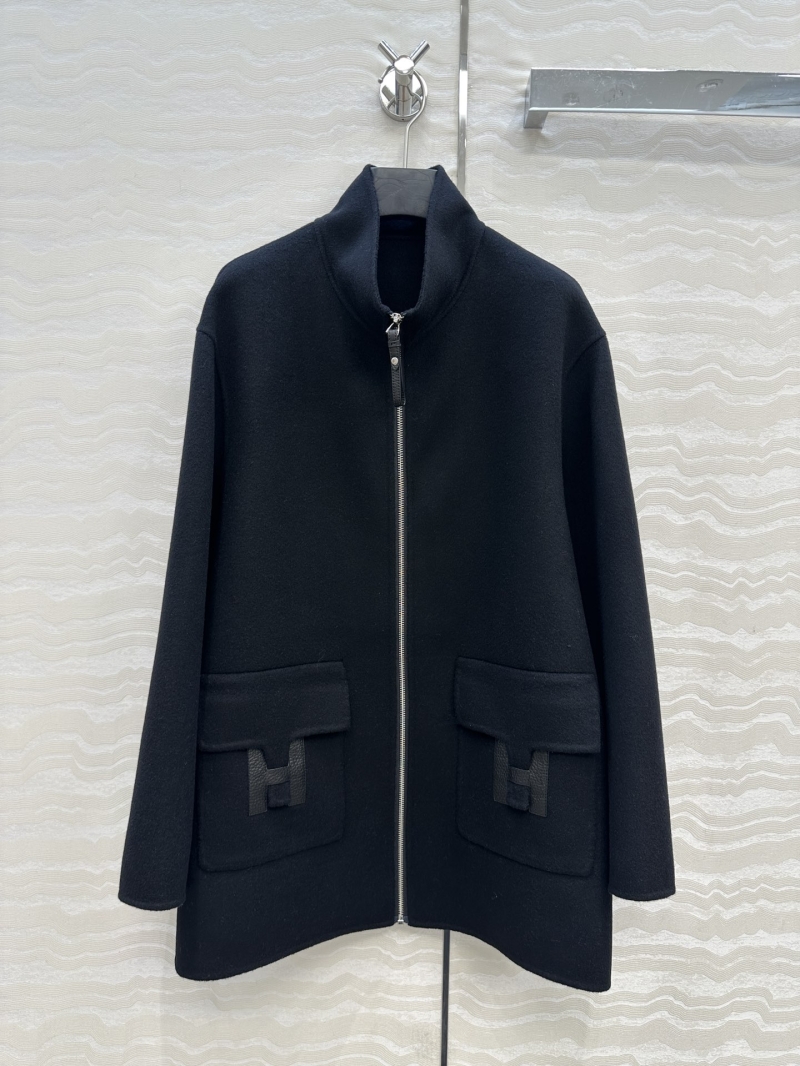 Hermès Limited Edition Black Double-Faced Wool-Cashmere Coat with H Leather Pockets
