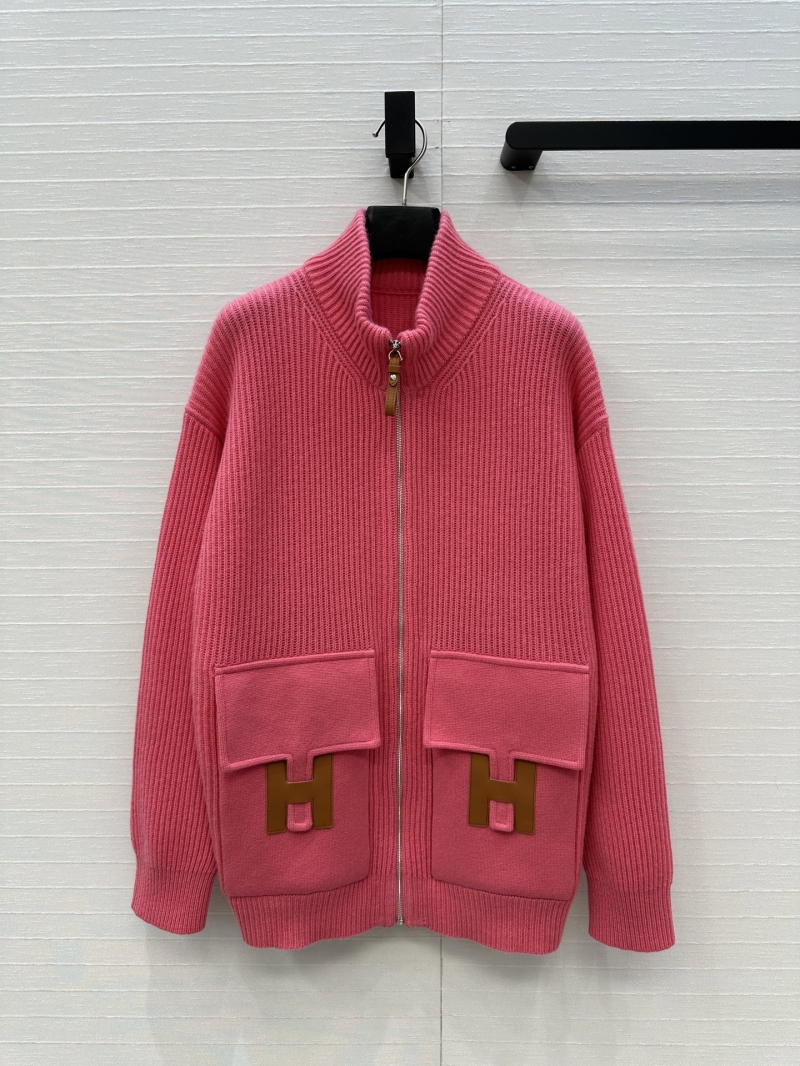 Hermes Mid-Length Cashmere Knit Zip-Up Jacket in Rose Pink | H-Logo Leather Accents | Swiss Craftsmanship
