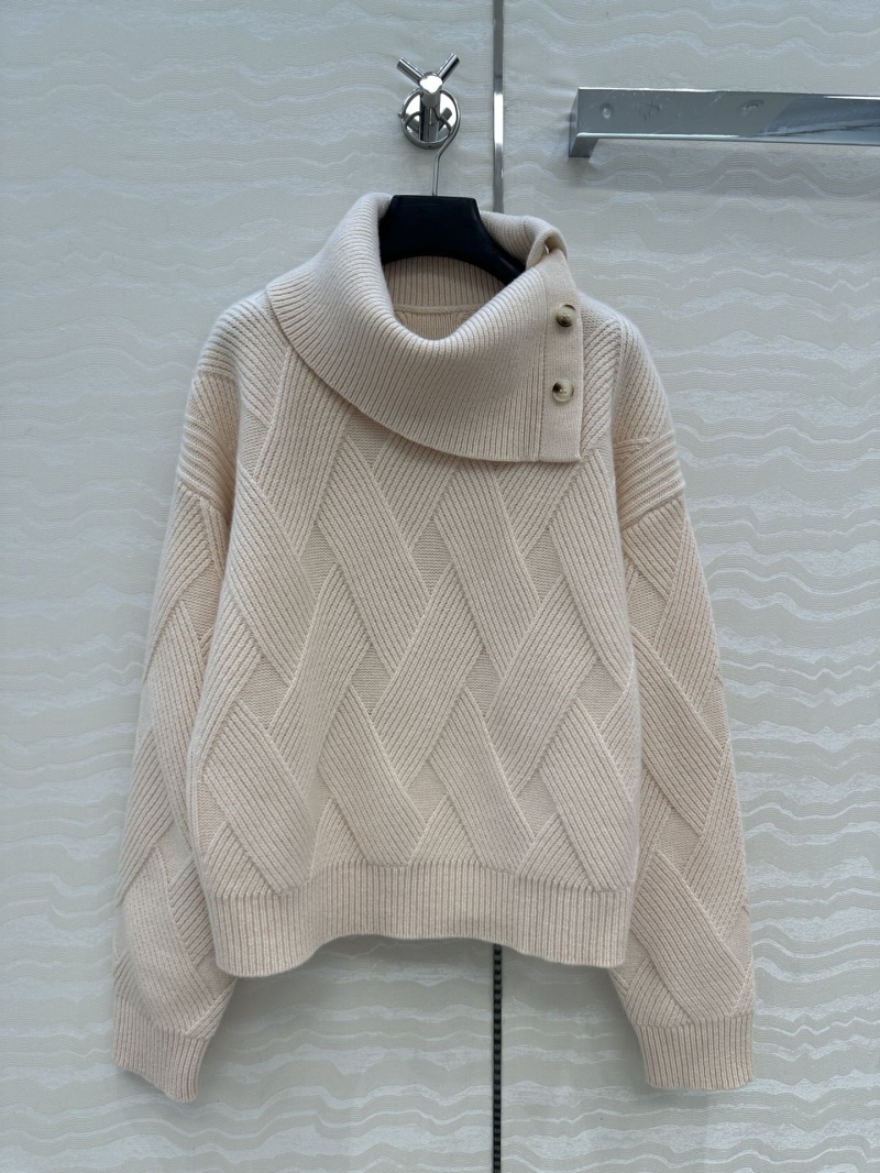 Hermes High-Neck Wool Sweater in Soft Beige, 100% Imported Wool, Swiss Knit, Shoulder Button Detail