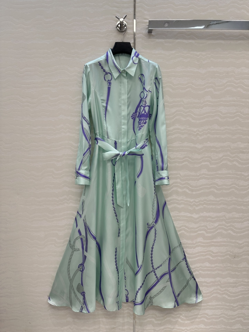 Hermes Mint Green Shirt Dress | Early Autumn 2025 | Silk-Like Equestrian Print | Tailored Waist & Full A-Line Skirt