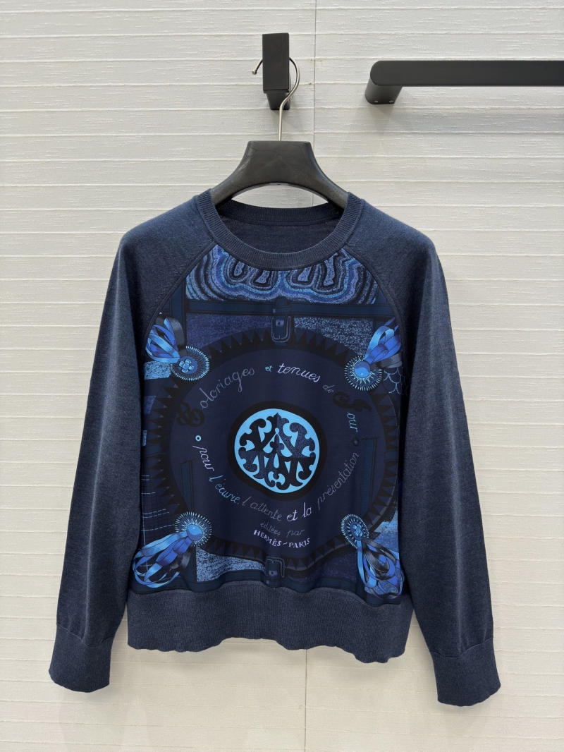 Hermes Pilot-Themed Cashmere-Blend Print Knit Sweater in Navy Blue