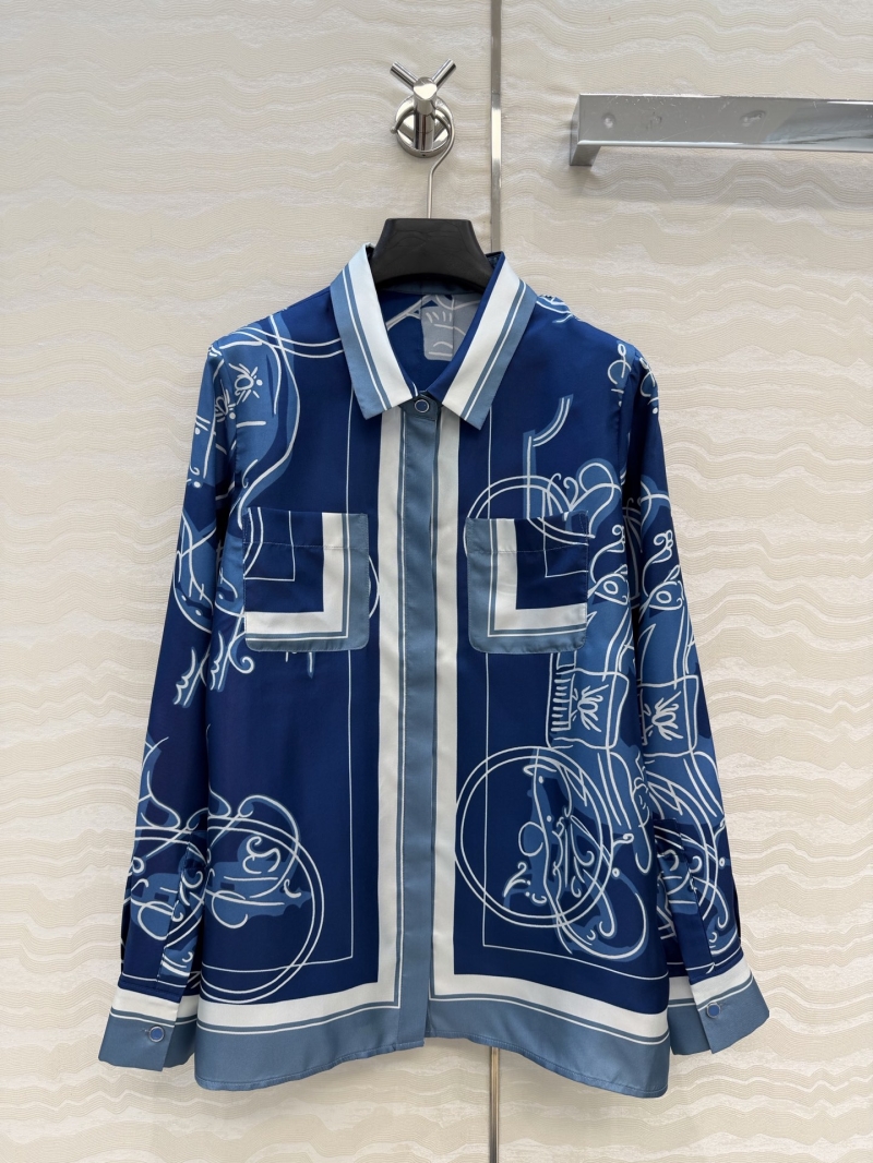 Hermès-Inspired 100% Silk Twill Shirt: Exquisite "Ex-Libris" Engineered Print Blouse, Royal Blue
