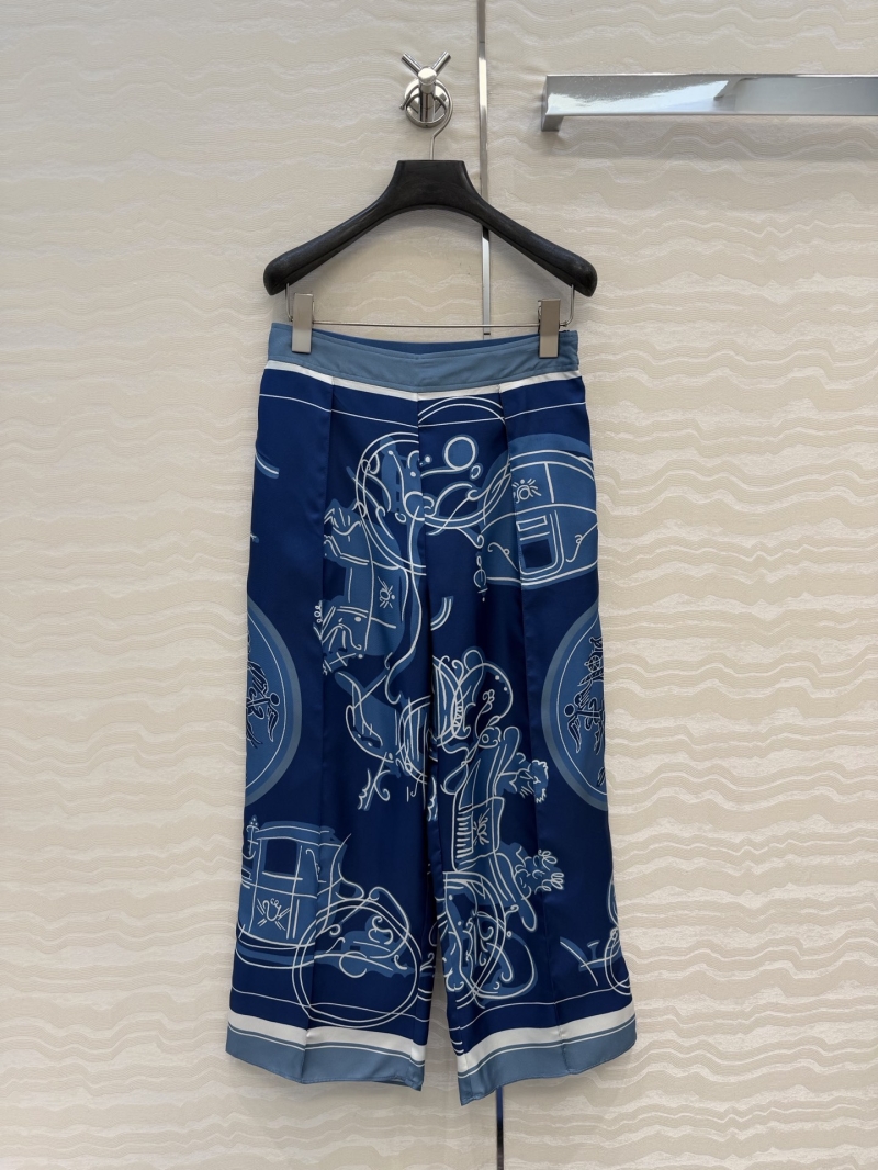 Hermès Opulent 100% Silk Twill Wide-Leg Trousers: Ex-Libris Signature Print, Deep Blue