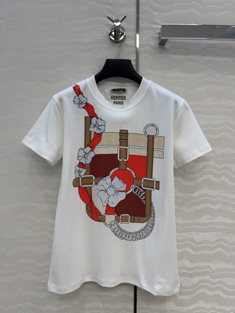 Hermès Signature White 100% Cotton T-Shirt with Exquisite Equestrian Chain Link Print