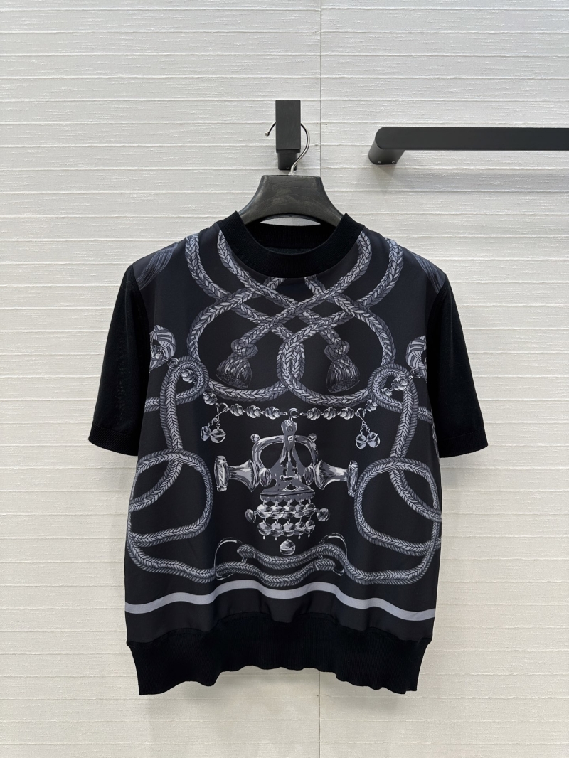 Hermes Sumptuous Silk and Wool Spliced Equestrian Print Knit Top in Black