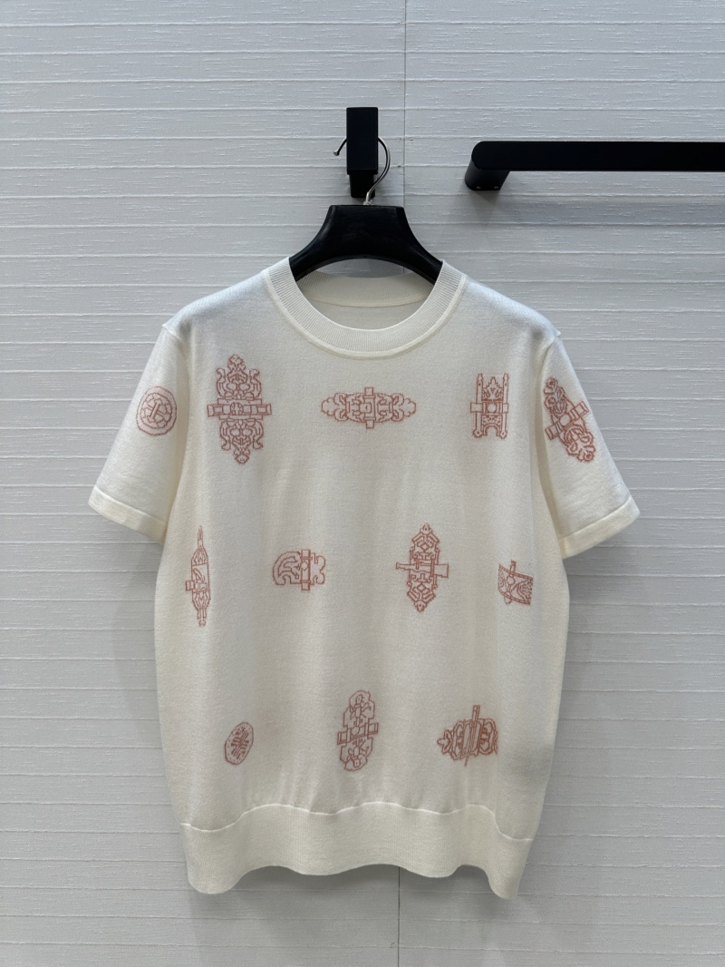 Hermès Exquisite Cashmere-Wool Iron Ornament Jacquard Short-Sleeved Knit Top