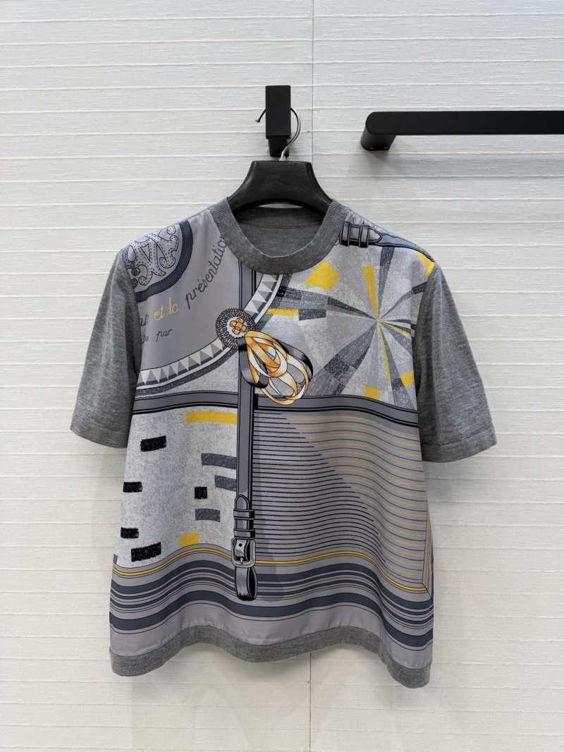 Hermes Wool-Blend Spliced Knit Top with Deconstructed Print in Grey