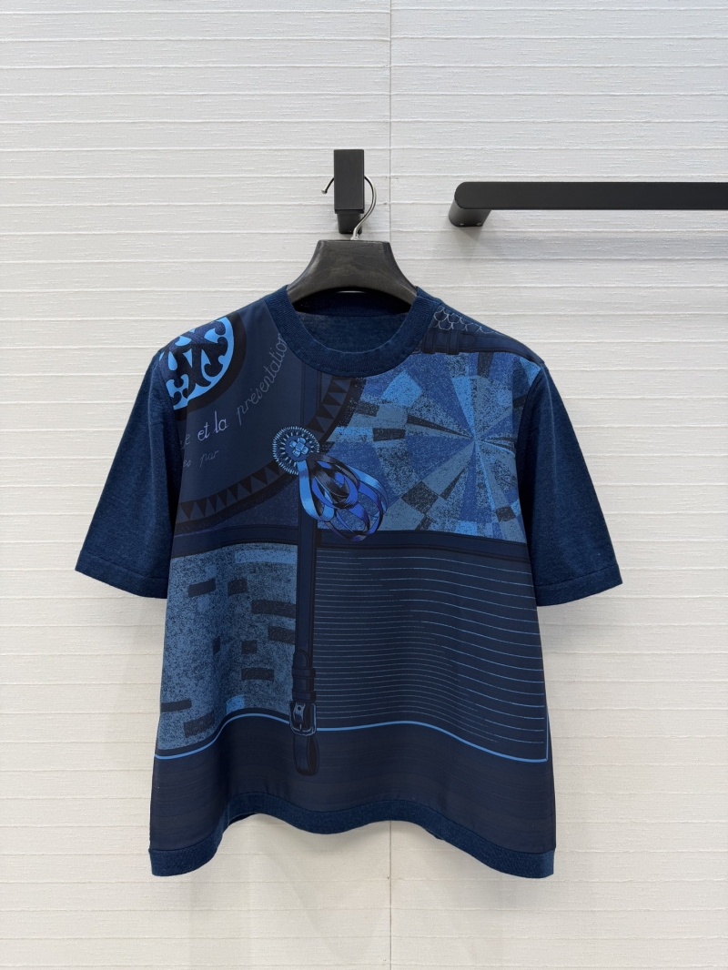 Hermes Exquisite Wool-Blend Deconstructed Print Knit Top in Cobalt Blue