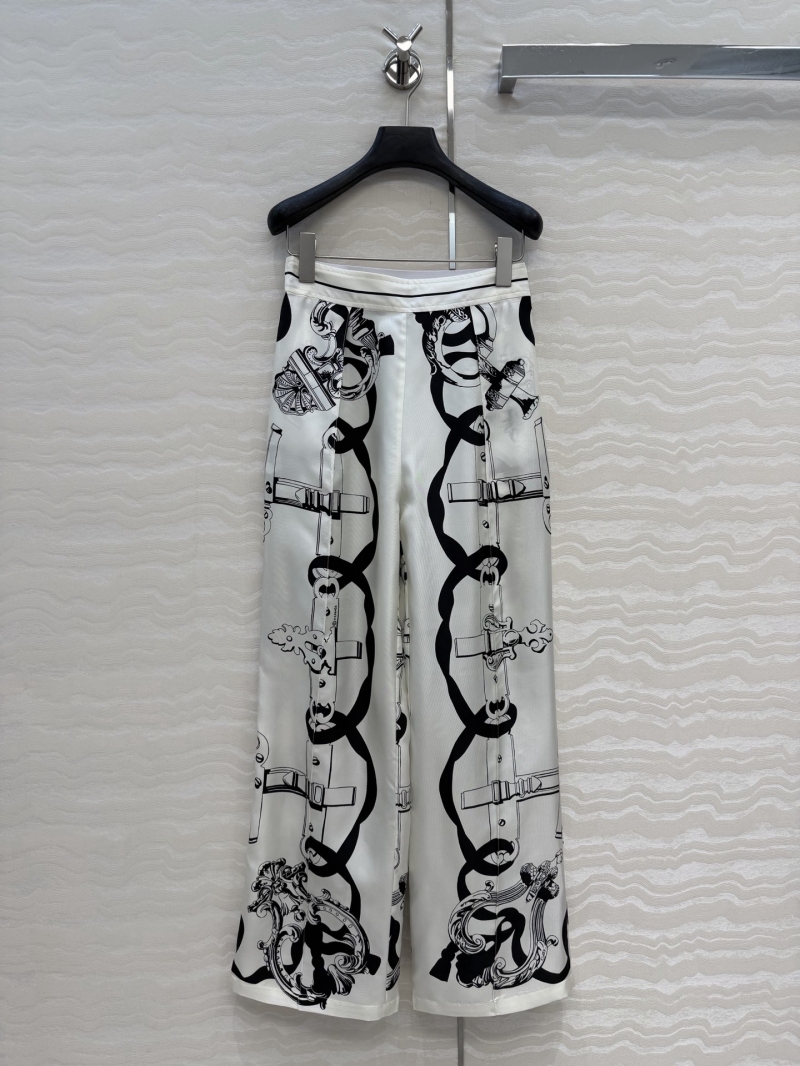 Hermes 100% Silk Twill Chain Link Motif Wide-Leg Straight Trousers in Black and White