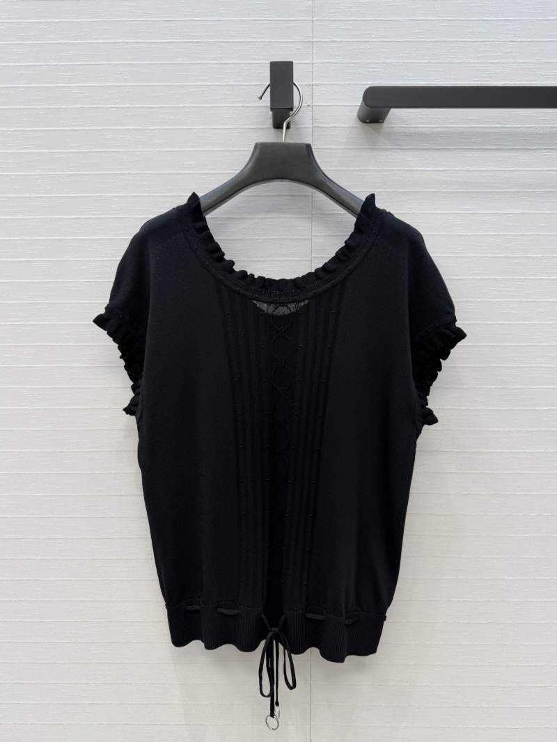 Hermès Signature Cable-Knit Ruffle Wide Neck Top in Luxe Black