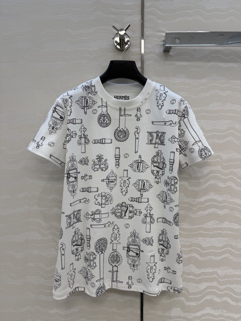 Hermès 100% Pure Cotton Coaching Remix Equestrian Print T-Shirt in White