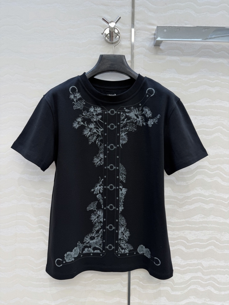 Hermès 100% Pure Cotton Chain and Floral Positioning Print T-Shirt in Black