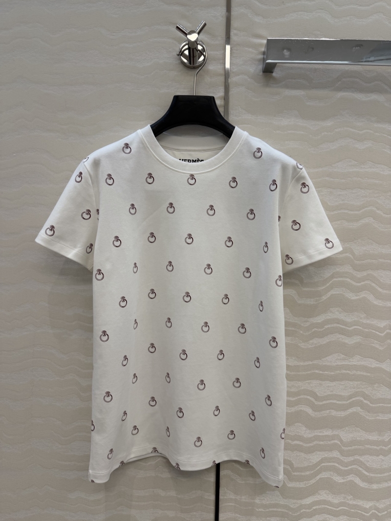 Hermès 100% Pure Cotton Anneau Finesse Print T-Shirt in White and Earthy Brown