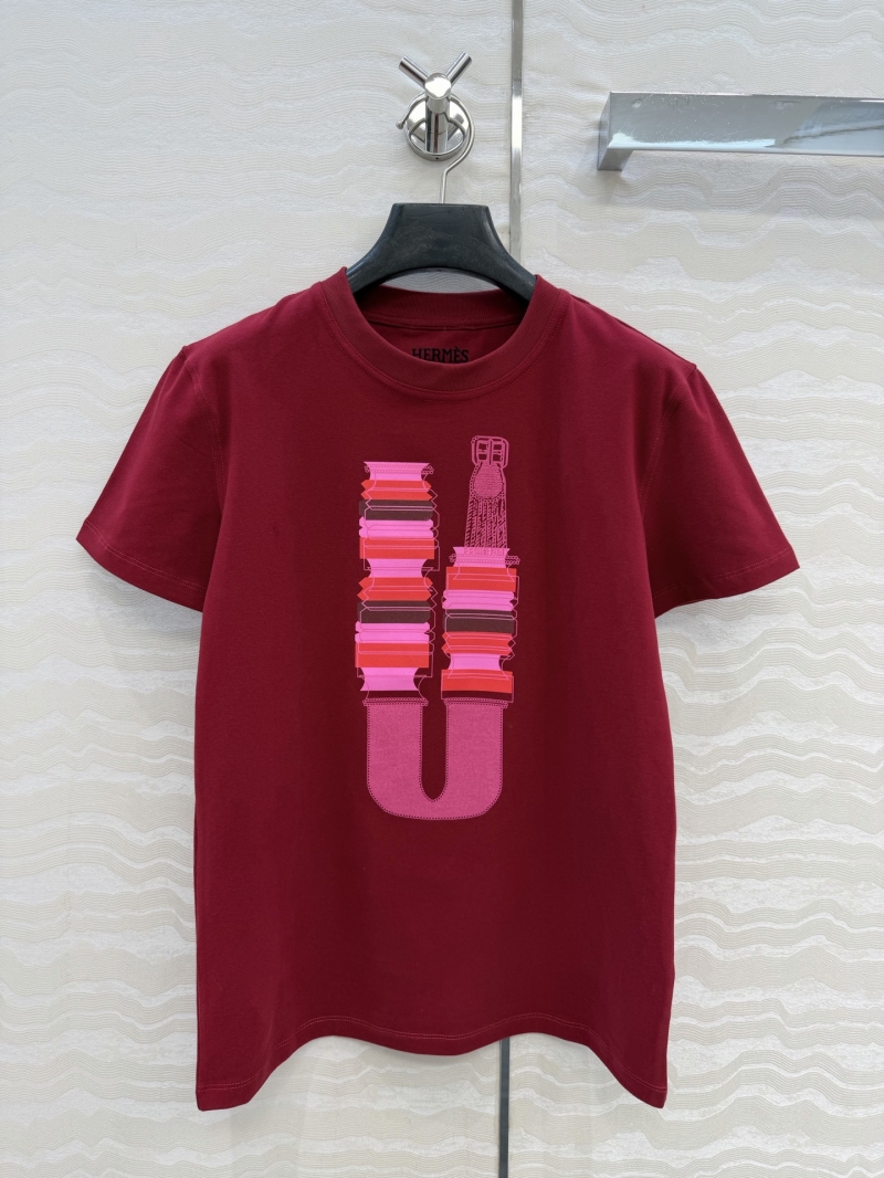 Hermès 100% Pure Cotton Brushed Texture Short-Sleeved T-Shirt in Burgundy