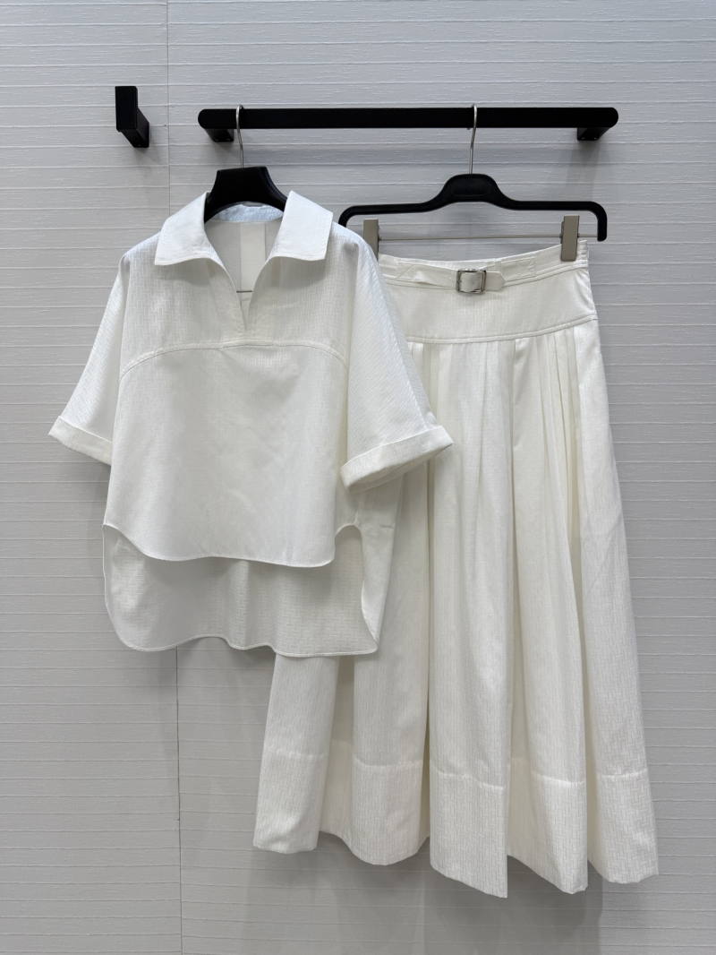 Hermes Signature Pure Cotton Jacquard High-Low Shirt and Pleated Midi Skirt Set