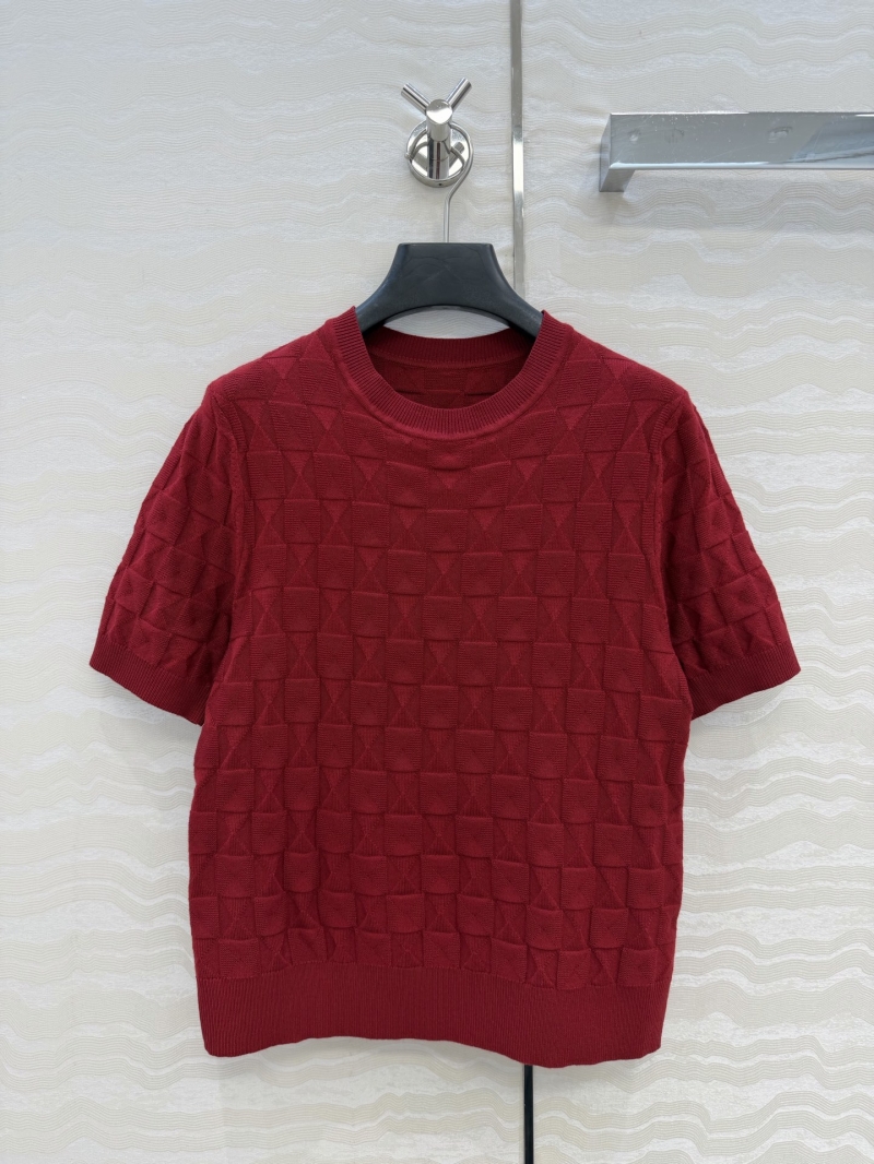 Hermès 100% Merino Wool Geometric Textured Short-Sleeved Knit Top - Deep Red