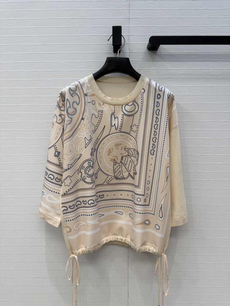 Hermes Tussah Silk and Wool Blend Abstract Scarf-Print Drawstring Knit Top