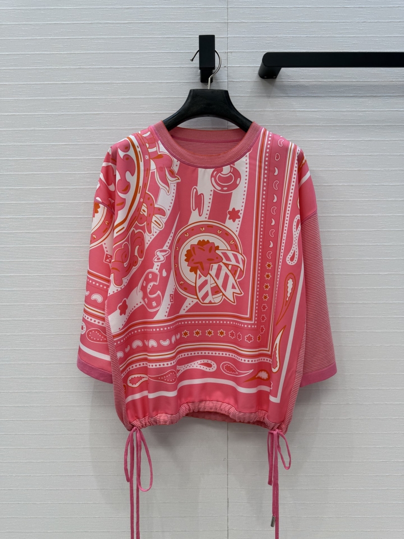 Hermes Tussah Silk and Wool Blend Abstract Print Patchwork Knit Top in Vibrant Pink
