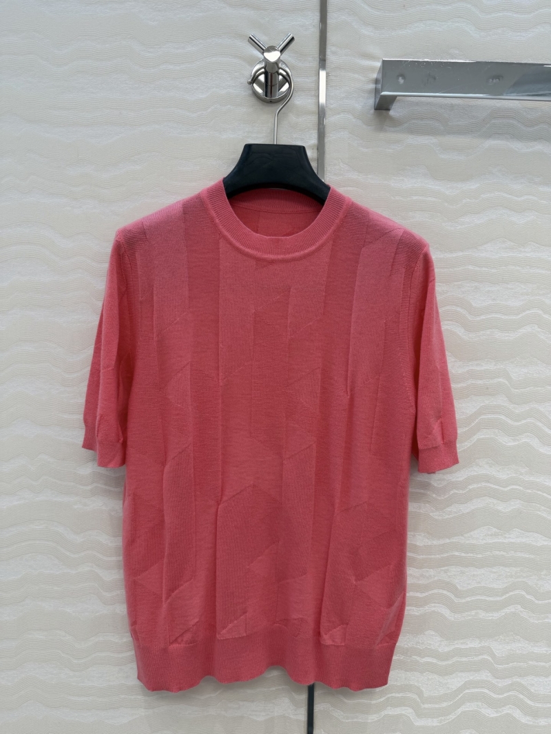 Hermès 100% Merino Wool 16-Gauge Short-Sleeve Knit Top with 3D Jacquard H Pattern in Coral Pink