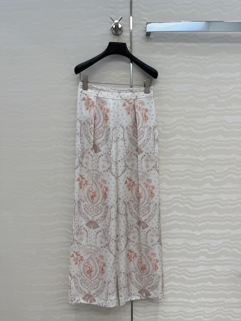 Hermes Pale Pink Floral Print Silk Twill Wide-Leg Trousers
