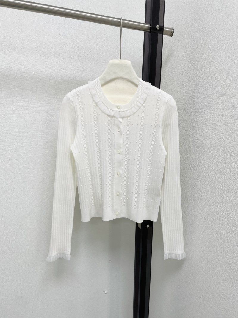 Hermes Ivory Ruffle-Trimmed Pointelle Knit Cardigan