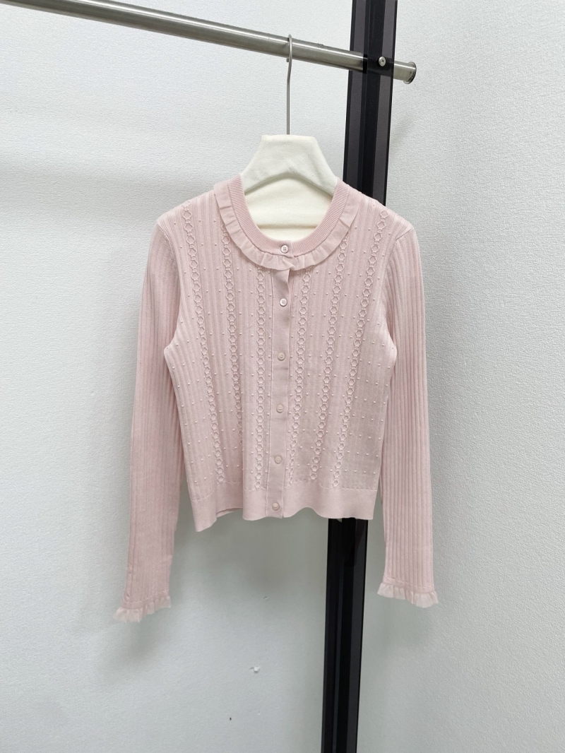 Hermes Ruffled Round Neck Pointelle Knit Cardigan in Soft Light Pink