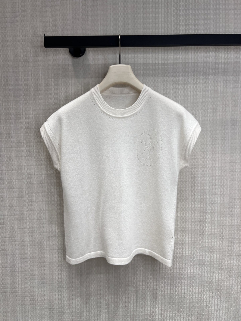 Herm&egrave;s Pointelle Signature Knit Cap-Sleeve Top in White