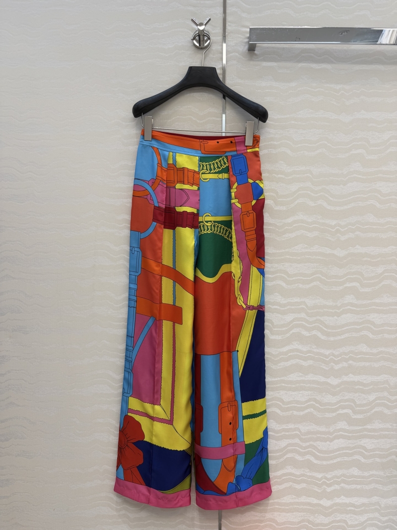 Hermes Exquisite 100% Silk Twill Engineered Print Straight-Leg Trousers