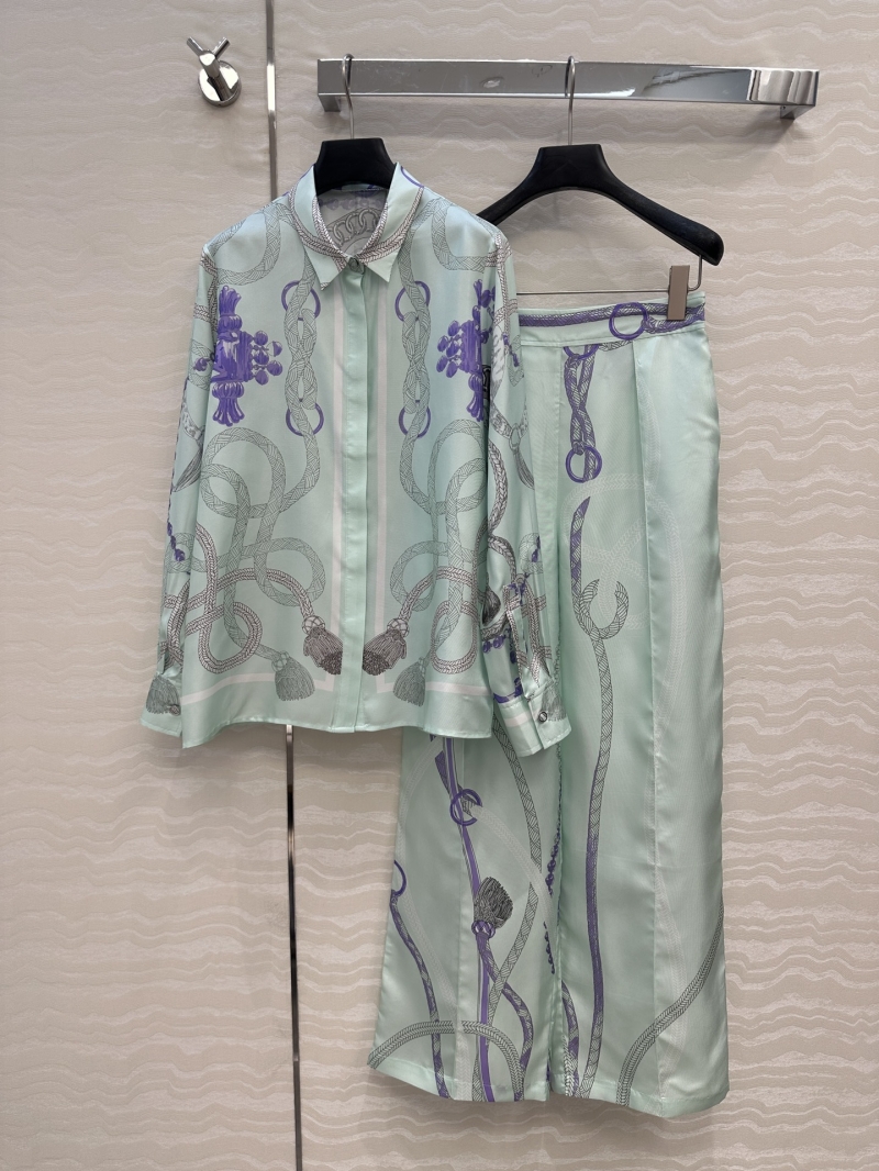 Hermes Exclusive Palefroi Remix Print Silk Shirt in Mint Green