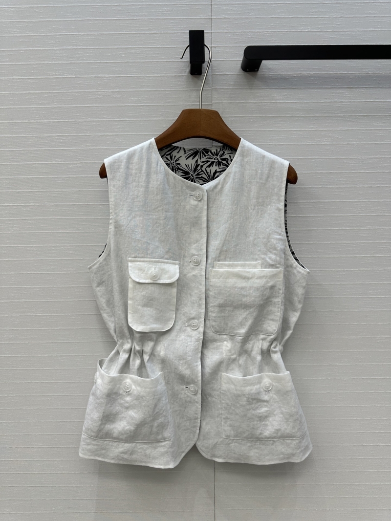 Loro Piana Luxe Linen Vest - White Commuter Style with Vintage Print