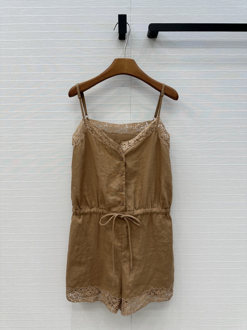 Loro Piana Lace-Trimmed Linen Romper in Caramel - Elegant & Slim-Fit