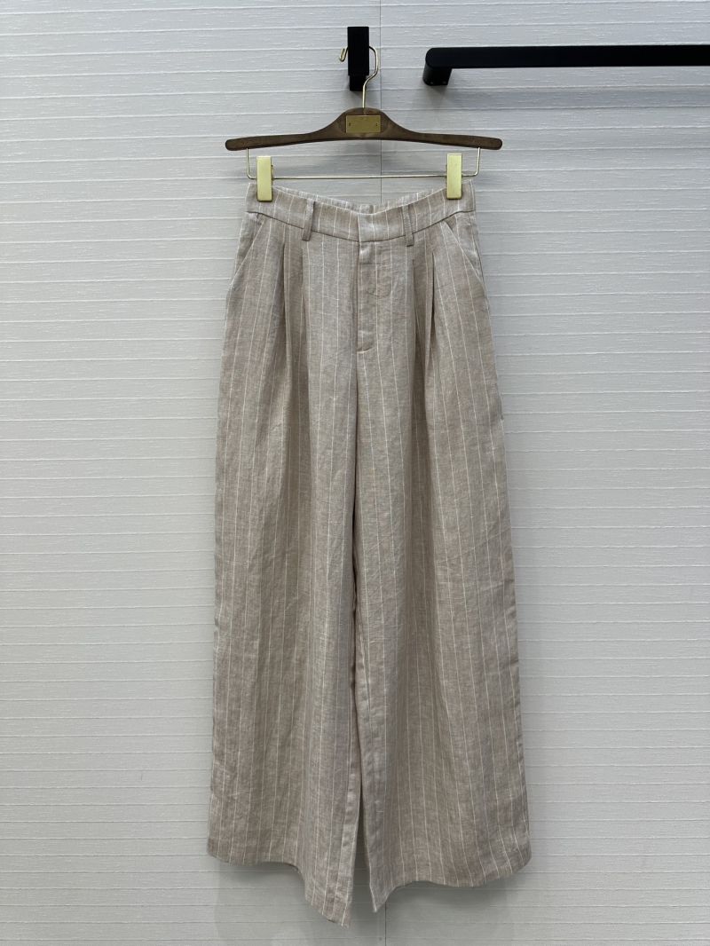 Loro Piana Oatmeal Striped High-Waisted Trousers | Luxe Linen Blend | Classic Pleated Design