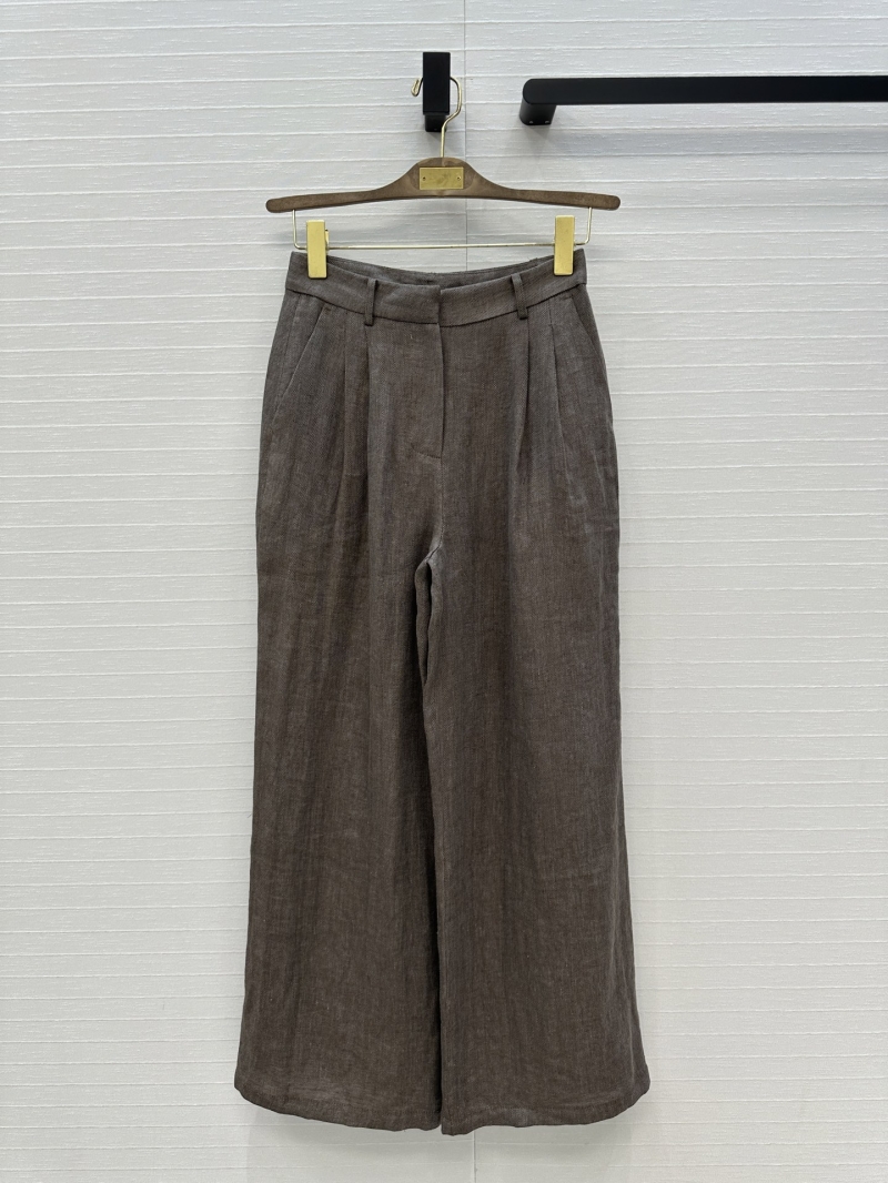 Loro Piana Autumn-Winter Herringbone Linen Straight Pants in Grey-Brown