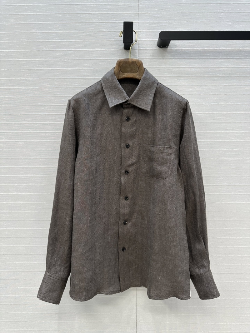 Loro Piana Autumn/Winter Collection: Luxe Retro Grey-Brown Herringbone Linen Shirt with Embroidered Patches