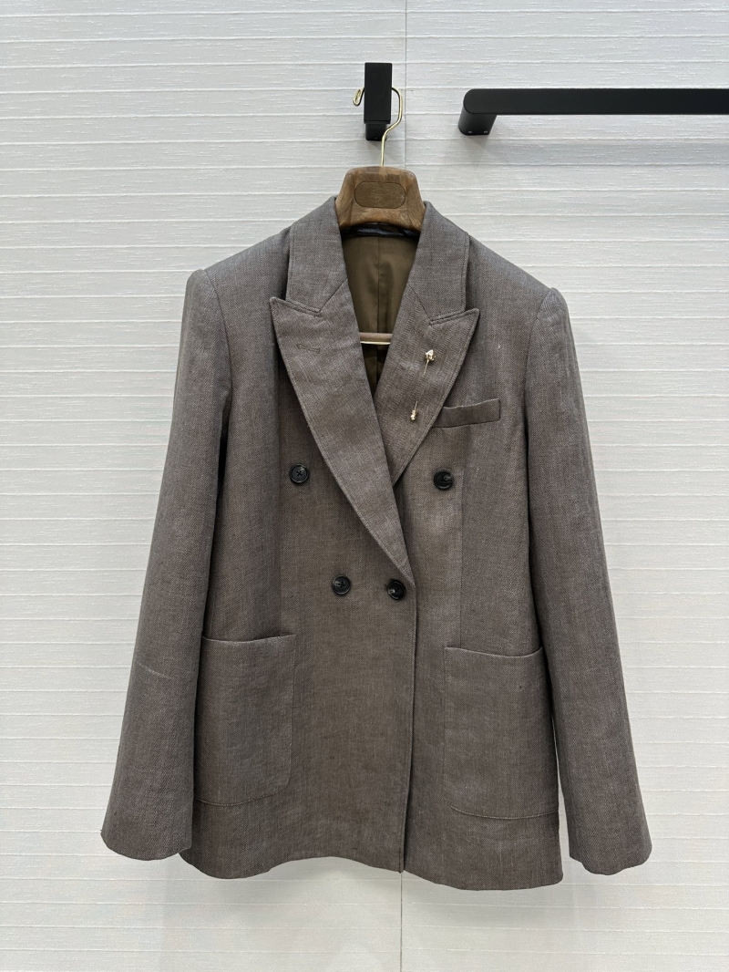 Loro Piana Luxe Double-Breasted Herringbone Linen Blazer in Grey-Brown