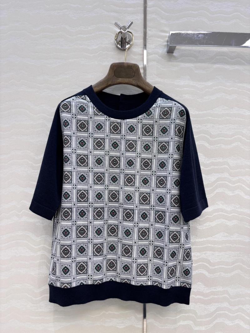 Loro Piana Exclusive Luxe Short-Sleeve Sweater with Mendoza Border Print - Geometric Diamond & Thistle Motif