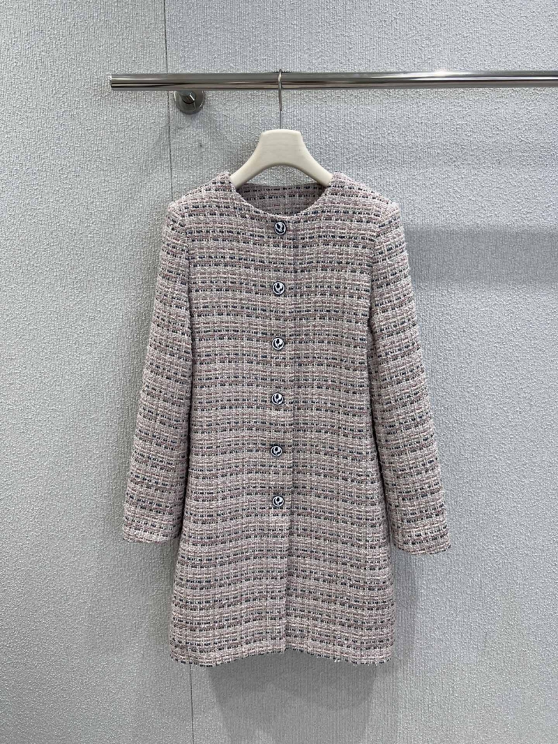 Loro Piana Mid-Length Tweed Coat in Pink | Wool, Linen & Cotton Blend | Stand Collar & Button Front