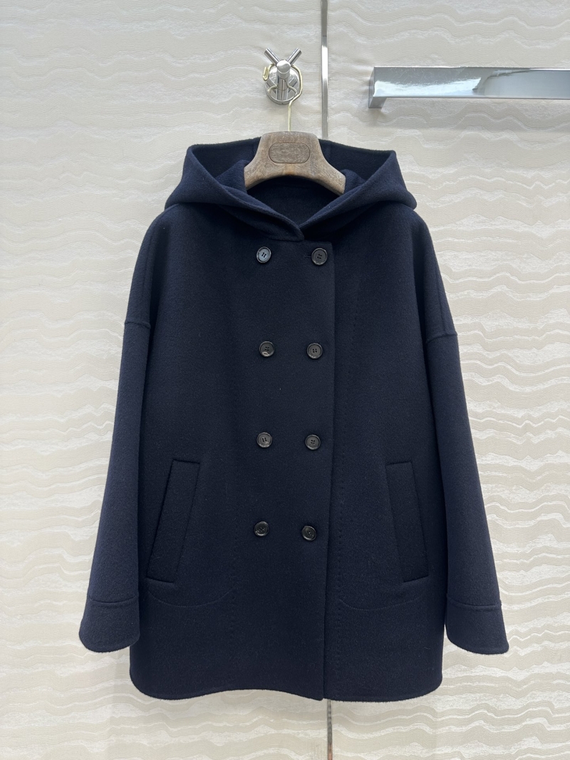 Loro Piana Luxe Double-Breasted Navy Blue Wool Blend Hooded Cape Coat