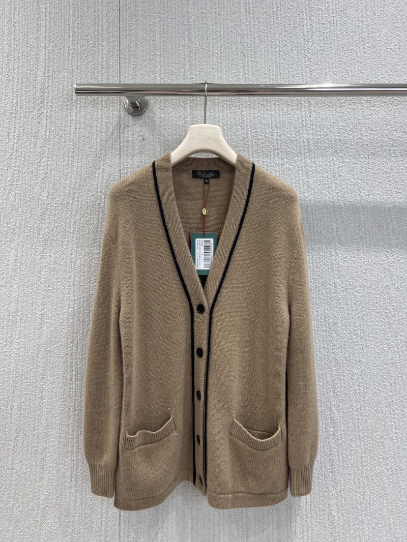 Loro Piana V-Neck Contrast Trim Baby Cashmere Cardigan in Camel & Black