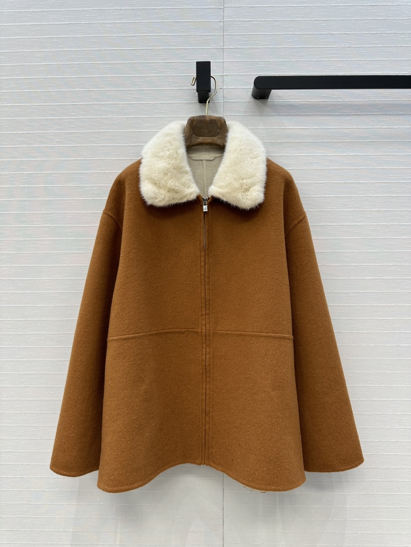 Loro Piana Women"s Wool-Cashmere & Mink Fur Collar Cape Coat | Tailored Fit | Danish Mink | Caramel