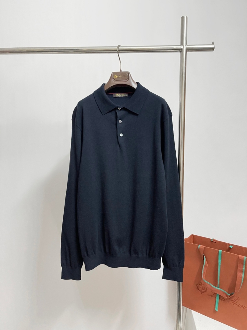 Loro Piana Fine Cotton Knit Long-Sleeve Polo Shirt in Deep Navy Blue
