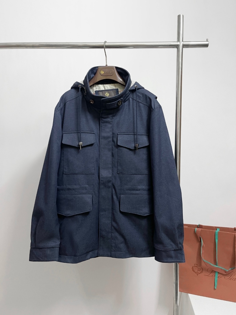 Loro Piana Men's Hooded Field Jacket in Midnight Navy - Classic Button-Front Design with Adjustable Hood and Utilitarian Pockets
