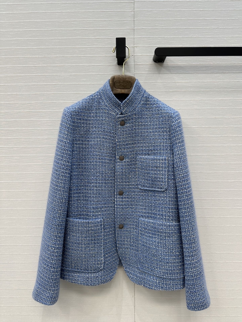 Loro Piana Blue Danube Woolen Tweed Jacket - Hand-Stitched Stand Collar - Blue & White