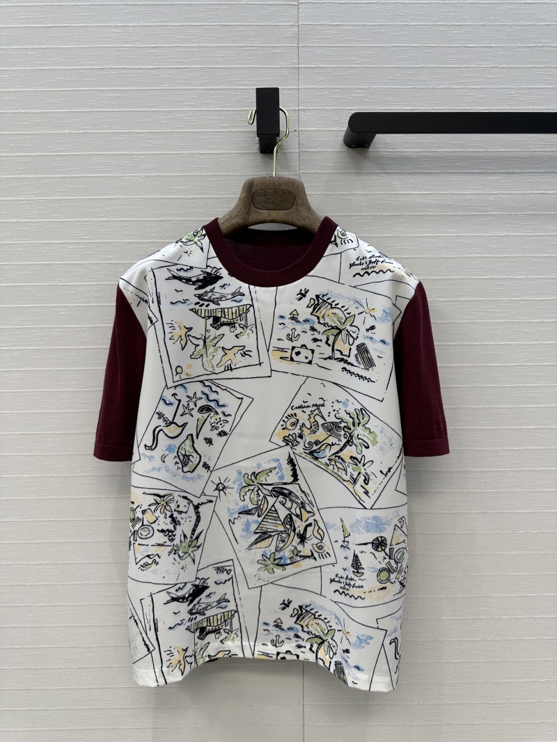 Loro Piana Silk-Wool Blend Holiday Beach Print Spliced Knit Top in Burgundy