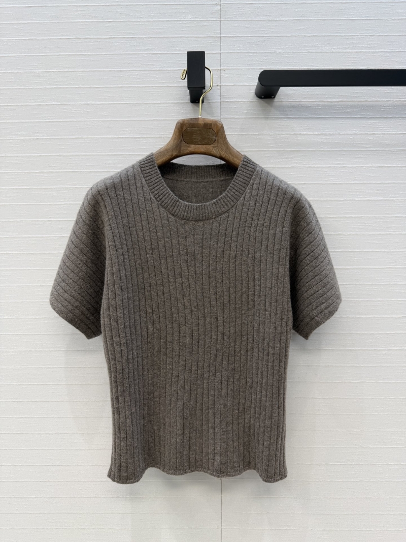 Loro Piana Sumptuous Cashmere Wool Blend 18-Gauge Ribbed Knit Crew Neck Short Sleeve Sweater in Taupe