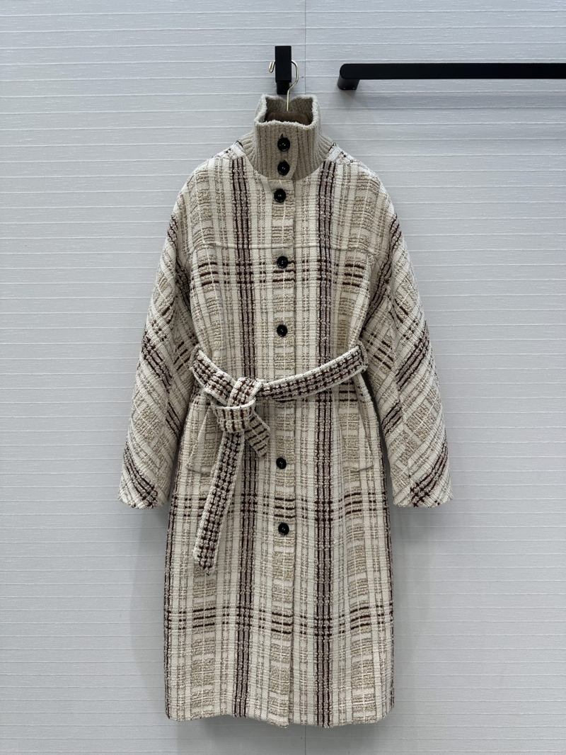 Loro Piana Stefanie Plaid Wool Tweed Ribbed Collar Coat