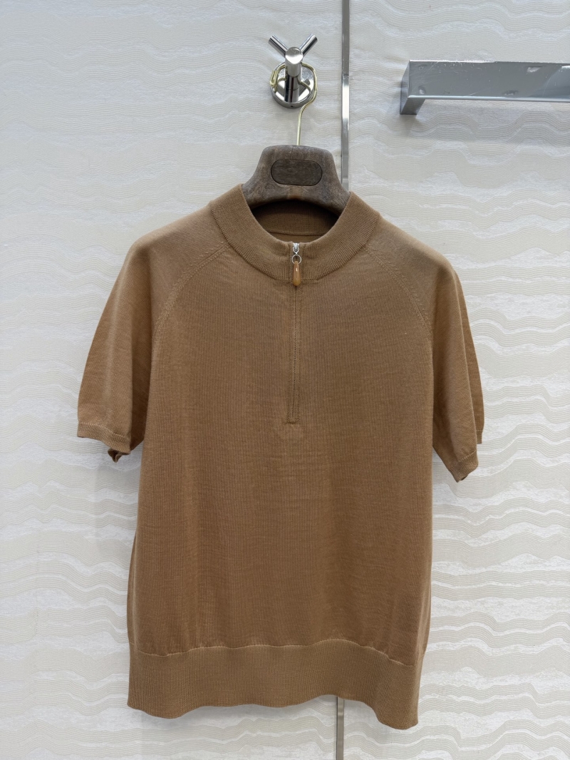 Loro Piana Silk & Wool 18-Gauge Knit Half-Zip Short-Sleeved Top in Camel