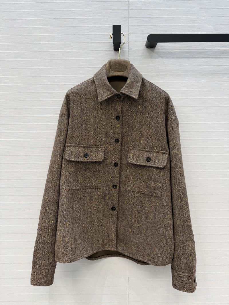 Loro Piana Yarn-Dyed Flecked Wool Workwear Shirt-Jacket in Earthy Brown