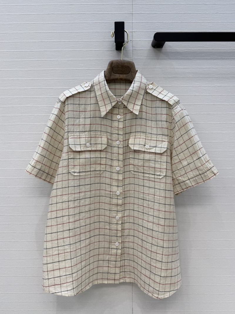 Loro Piana 100% Linen Plaid Short-Sleeved Utility Shirt