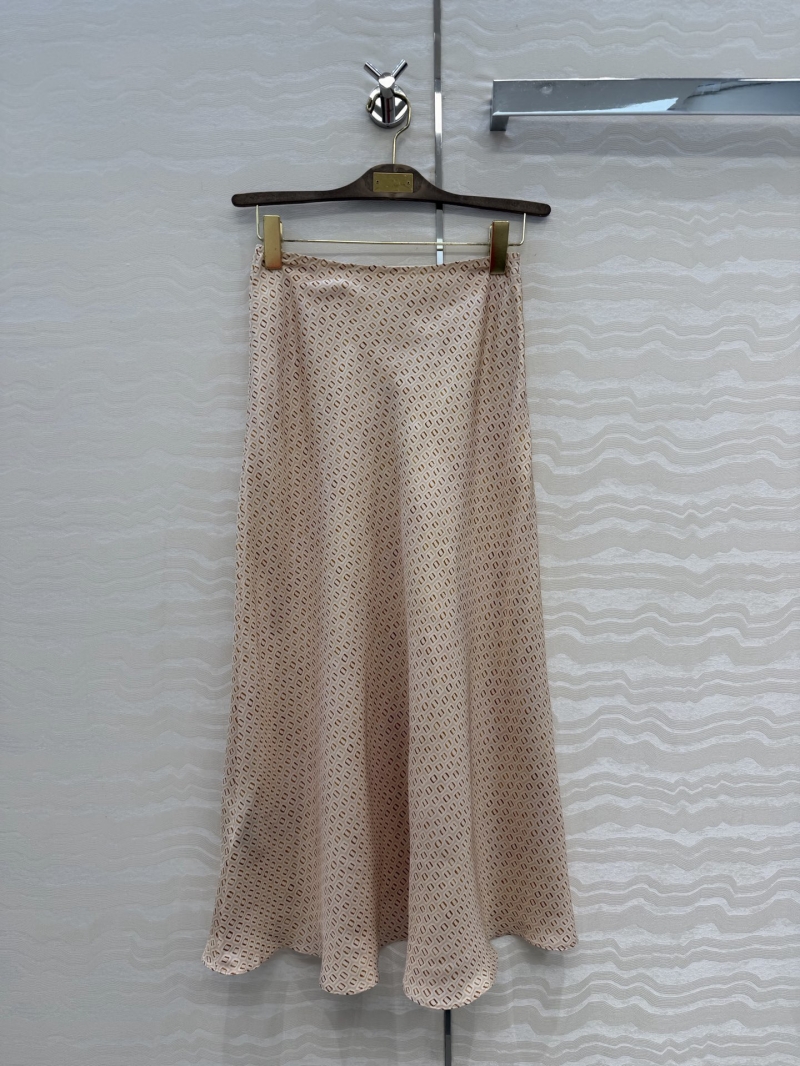 Loro Piana Erika 100% Silk Crepe de Chine Geometric Print A-Line Midi Skirt in Beige